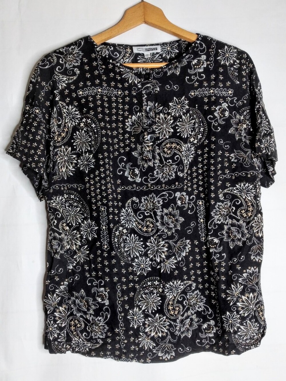 CM Shapes 1XL Vintage black beige floral print T-shirt half button Plus Size